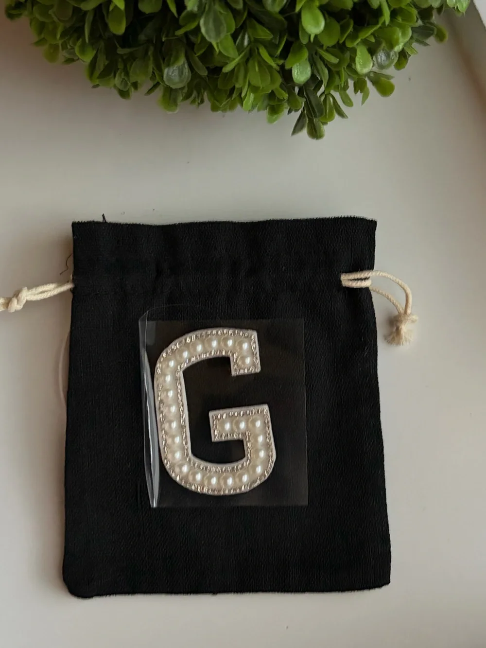 Black Drawstring Pouch with Pearl-Embellished Initial Accent - choose one